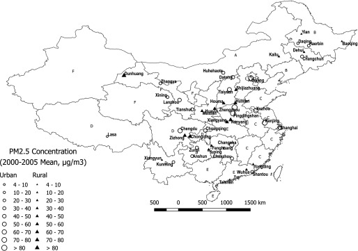 Map of China marking sites with PM sub 2.5 concentration in the air. The PM sub 2.5 concentration for years 2000 to 2005 for urban and rural sites range from 4–10 micrograms per cubic meter to greater than 80 micrograms per cubic meter.