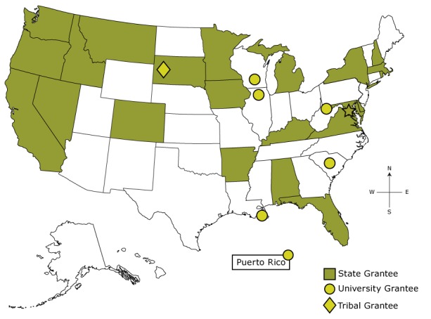 There are 22 state grantees (Alabama State Department of Health, Arkansas Department of Health, California Department of Public Health, Colorado Department of Public Health and Environment, Delaware Department of Health and Social Services, District of Columbia Department of Health, Florida Department of Health, Idaho Department of Health and Welfare, Iowa Department of Public Health, Kentucky Cabinet for Health and Family Services, Louisiana State University Health Sciences Center, Mary Hitchcock Memorial Hospital [NH], Maryland Department of Health and Mental Hygiene, Massachusetts Department of Public Health, Michigan Department of Community Health, Minnesota Department of Health, Montana Department of Public Health and Human Services, Nevada Division of Public and Behavioral Health, New York State Department of Health, Oregon Health Authority, Rhode Island Department of Health, South Dakota Department of Health), 7 university grantees (University of Chicago, University of Puerto Rico, University of South Carolina, University of Wisconsin, Virginia Department of Health, Washington State Department of Health, West Virginia University), and 1 tribal grantee (Great Plains Tribal Chairmen's Health Board).