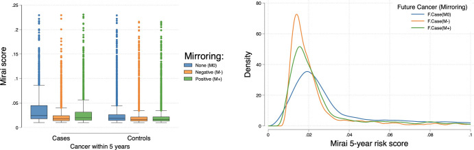 Left: Box plot shows risk score distribution in different mirroring experiments. Higher-score distributions are observed in unmirrored (future) cases, with negative mirroring causing the most notable reduction in scores and positive mirroring causing a smaller reduction. For each box, the central line indicates the median Mirai score, while the upper and lower edges indicate the 75th and 25th percentiles, respectively. The upper and lower whiskers represent the upper and lower extremes of values, respectively. Outliers are plotted as separate points. Right: Density plot shows lower score distributions among negatively mirrored future cases (F.Case, M−) compared with unmirrored future cases (F.Case, M0), with positive mirroring (F.Case, M+) scoring in between. In either mirroring scenario, examination images in women without future breast cancer (controls) were randomly mirrored.