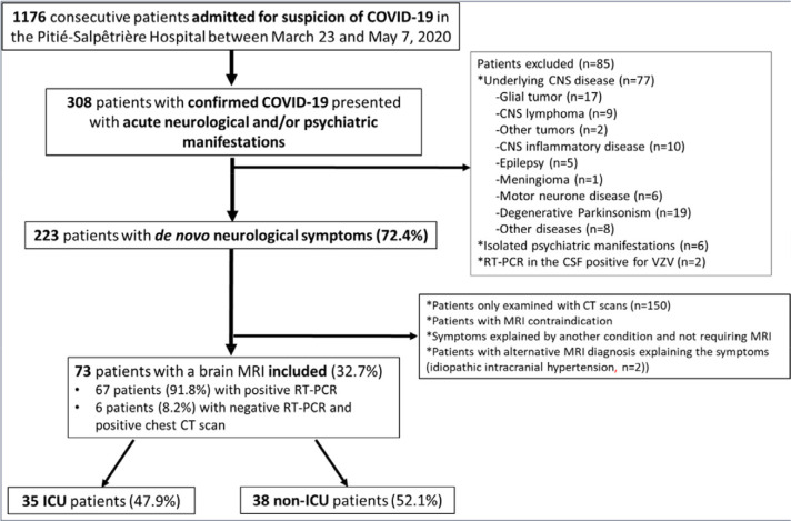 Flowchart of patient inclusion. Abbreviations: CNS: central nervous system; COVID-19: coronavirus disease 2019; CSF: cerebrospinal fluid; CT: computed tomography; ICU: intensive care unit; RT-PCR: reverse-transcriptase–polymerase-chain-reaction.