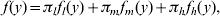 f\lpar y\rpar \equals \pi _{l} f_{l} \lpar y\rpar \plus \pi _{m} f_{m} \lpar y\rpar \plus \pi _{h} f_{h} \lpar y\rpar \comma