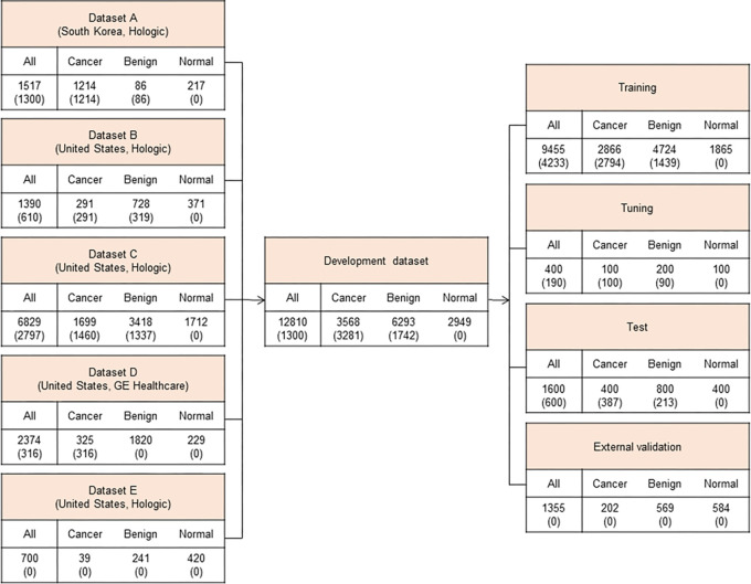 Development dataset. To develop the artificial intelligence algorithm based on deep convolutional neural networks, 12 810 four-view digital breast tomosynthesis (DBT) examinations from five data sources in the United States and South Korea were used. Datasets of DBT examinations from January 2010 to December 2021 in the United States and from January 2012 to January 2018 in South Korea were collected. Values are the numbers of cases, followed by the numbers of annotated cases in parentheses.