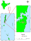 Map showing India with a focus on the Andaman and Nicobar Islands. A map highlights the study area at the Central Island Agricultural Research Institute, marked by a red flag. A compass shows directions, and a scale bar indicates distances.