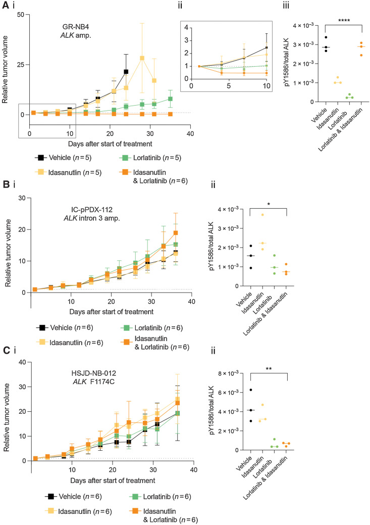 Figure 6. Combination effects of lorlatinib and idasanutlin in ALK-altered neuroblastoma PDX models. A, GR-NB4 (B) IC-pPDX-112 (C) HSJD-NB-012 PDX models were treated with vehicle control, idasanutlin, lorlatinib, or idasanutlin and lorlatinib combination. I, Tumor volumes were monitored during treatment [with (A.ii) inset of GR-NB4 PDX up to day 10]. (A.iii, B.ii, and C.ii) pY1586/total ALK measured by immunoassay in tumor lysates taken at the end of the experiment (mean of two technical replicates). One-way ANOVA: A.iii: P = <0.0001; B.ii: P = 0.0331; C.ii: P = 0.0020.