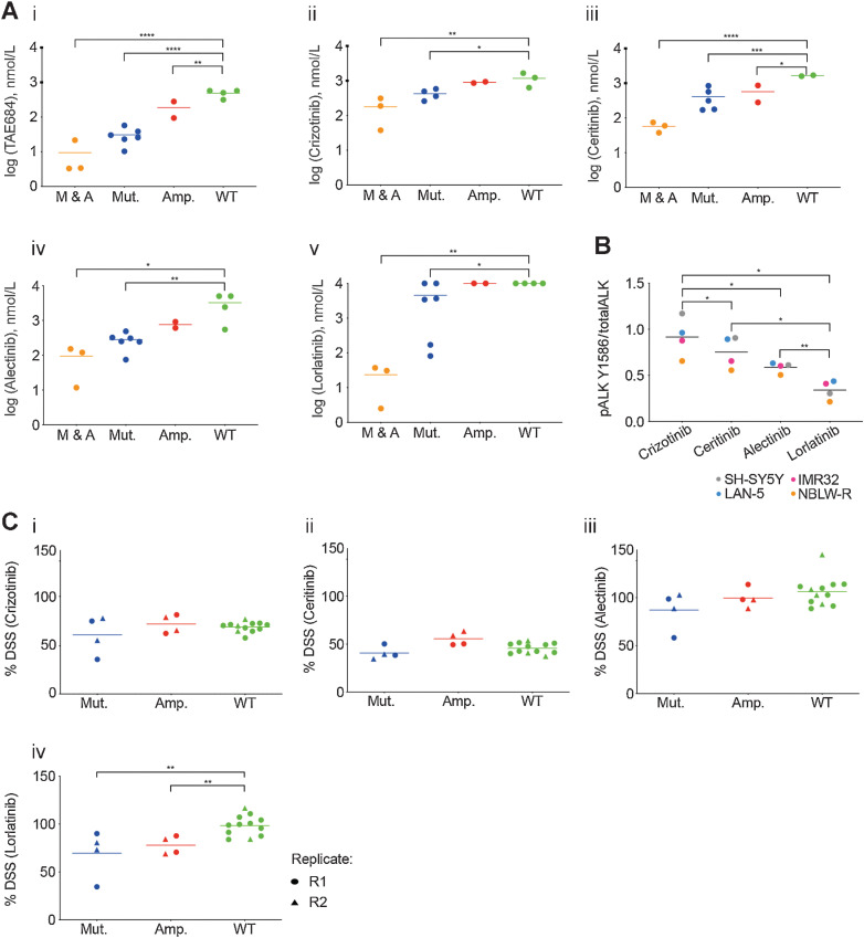 Figure 1. Lorlatinib is the most potent ALK inhibitor tested across ALK-mutant or ALK-amplified neuroblastoma cell lines and PDTC ex vivo models. 72-hour GI50 values for ALK inhibitors. A, (i) TAE-684, (ii) crizotinib, (iii) ceritinib, (iv) alectinib, and (v) lorlatinib in a panel of neuroblastoma cell lines (M & A: mutant and amplified ALK; Mut.: mutant ALK; Amp.: amplified ALK; WT: wild-type ALK). Cell lines were grouped on the basis of the type of ALK alteration. Statistically significant differences were determined by one-way ANOVA with Bonferroni post hoc tests and paired testing versus WT. *, P ≤ 0.05; **, 0.01; ***, 0.001; ****, 0.0001. B, Neuroblastoma cell lines treated with 20 nmol/L of indicated inhibitor for 3 hours, and lysates subjected to ALK immunoassay for total ALK and pY1586 ALK. Statistically significant differences determined by paired, two-tailed t test. *, P ≤ 0.05; **, 0.01; ***, 0.001. C, Study of cell viability by analysis of the DSS after treatment with (i) crizotinib, (ii) ceritinib, (iii) alectinib, or (iv) lorlatinib in ALK-mutant and -amplified PDTC models. R1: replicate 1; R2 replicate 2. Statistically significant differences determined by unpaired, two-tailed t test. **, P ≤ 0.01.