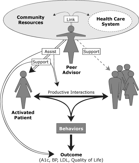 diagram This figure depicts the role of peer advisors in diabetes management using the chronic care model. The peer advisor is placed centrally in the figure to emphasize her role, which is to serve as a link between the patient and the health care team. By providing assistance and support, the peer advisor facilitates productive interactions between the patient and the health care team, thereby changing behaviors and improving diabetes outcomes.