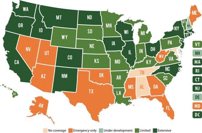 A map shows the status of Medicaid dental benefits in the 50 states as follows: no coverage (list states), emergency-only coverage (list), limited coverage (list), extensive coverage (list), and coverage under development (list). Adult dental benefits under Medicaid are optional for states, and the extent of coverage varies by state. As of September 2019, North Dakota does not offer adult dental benefits to its Medicaid expansion population. Under New Hampshire’s bill, the US Department of Health and Human Services is directed to develop a “comprehensive plan to ensure that Medicaid recipients can safeguard their smiles and their overall health.” New Hampshire has passed a law to create adult dental benefits under Medicaid, but this change will not take effect until April 1, 2021. Under Delaware’s bill, the state will offer preventive and restorative dental coverage to adult Medicaid beneficiaries; Delaware’s adult dental benefit under Medicaid is scheduled to go into effect in October 2020. Maryland offers treatment for symptoms in emergency situations but does not cover emergency surgery. Maryland does not offer adult dental benefits under Medicaid; however, a new pilot program launched in 2019 offers limited coverage for certain low-income, disabled individuals. Alaska’s state budget was passed, keeping adult dental coverage intact; however, the governor’s line-item vetoes in the budget will result in cuts to the state’s Medicaid program, including adult dental, unless the legislature moves to rescind them. Alaska reversed plans to eliminate adult benefits for preventive services under Medicaid in late 2019.