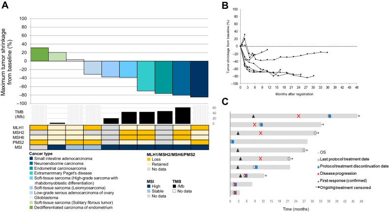 Figure 1. A, Waterfall plot of tumor response, showing the best percentage change in target lesion size as assessed by an independent central review. Cancer types are represented by different colors. The waterfall plot below shows the tumor tissue TMB (mutations/Mb), tumor tissue dMMR status (protein expression of MLH1, MSH2, MSH6, and PMS2), and tumor tissue MSI status for each patient. Patients with no data for either TMB, MMR, or MSI are shown in gray (for MMR and MSI) or shaded gray (for TMB). For the patient who achieved CR, the target lesions were lymph nodes. Thus, although the sum of target lesions did not reach 0 mm, the ORR was determined as “CR”. B, Spider plot of tumor response, showing longitudinal changes in target lesion size from baseline, assessed by an independent central review. C, Swimmer's plot of tumor response, showing time to response and duration of response.