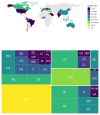 A world map and tree-map providing a visual summary of the sample sizes described in Table 1.