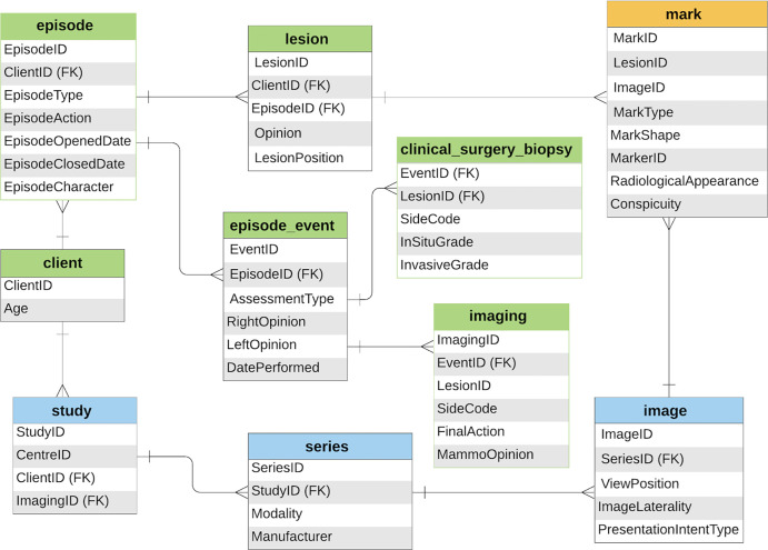 Schema shows simplified data model for radiologic (blue), clinical and pathologic (green), and ground truth (orange) information stored in the OPTIMAM Mammography Image Database. FK = foreign key.