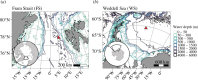 Geographic position of the recording sites. (a) Fram Strait, Arctic, recorder position 79 °N and 5.7 °E and (b) the Weddell Sea, Antarctica, recorder position 65.7 °S and 36.7 °W