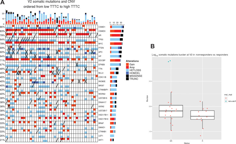 Figure 2. A, OncoPrint of Samples with both somatic mutations and SCN posttreatment (V2). Mutations worse than missense (truncating, frame-shift, early stop) denoted with an “X,” nonsynonymous mutations denoted by a diagonal line. Samples are ordered by TTTC from nonresponders (left) to responders (right). Second and third TTTC quartile patients are included as well. B, Somatic burden higher in nonresponders. Two outliers, in nonresponders, were found to have mutations in MSI genes.