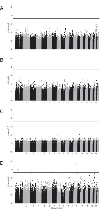 FIGURE 7. Manhattan plots of GWAS for the clinical outcomes and immune responses in 27 APC/Gal-treated patients. (A–D) Manhattan plots for IFN-γ-production (A), expression of granzyme B–expressing NK cells (B), overall survival (C), and recurrence-free survival (D). The x-axis indicates chromosomal positions, and the y-axis shows −log10 p values calculated using an appropriate statistical analysis for each phenotype. Each dot represents a variant. The horizontal line indicates the genome-wide significance threshold (p &lt; 5.0 × 10−8).