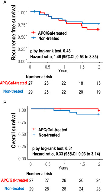 FIGURE 6. Kaplan–Meier plot of recurrence-free survival and overall survival. (A and B) Kaplan–Meier estimate of recurrence-free survival (A) and overall survival (B) with comparison between APC/Gal-treated and nontreated control groups. The survival probabilities were estimated using the Kaplan–Meier method and compared between treatment groups by log-rank tests. Hazard ratios (APC/Gal-treated/nontreated) for recurrence and death were also evaluated using Cox proportional hazard regression analyses. Statistical analyses were performed using the R software, version 3.6.3 (R Foundation for Statistical Computing).