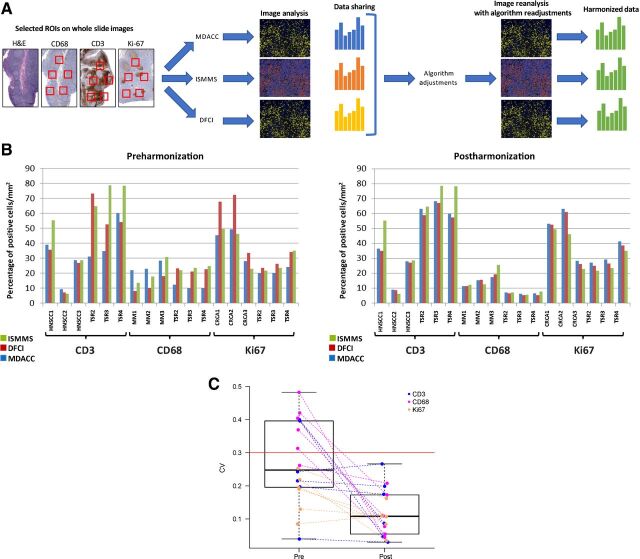 Figure 1. Singleplex IHC image quantification harmonization. A, Representative illustration of singleplex IHC harmonization. Images shown are for illustrative purposes to demonstrate workflow only and are not intended as primary data figures. B, Percentage of cells positive for either CD3, CD68, or Ki67 per mm2 is plotted upon enumeration by each site (MDACC, DFCI, ISMMS) using the preharmonized and postharmonized algorithm settings. C, Wilcoxon rank-sum test showing the statistically significant reduction of CV (P = 0.0001). TSR, tonsil.