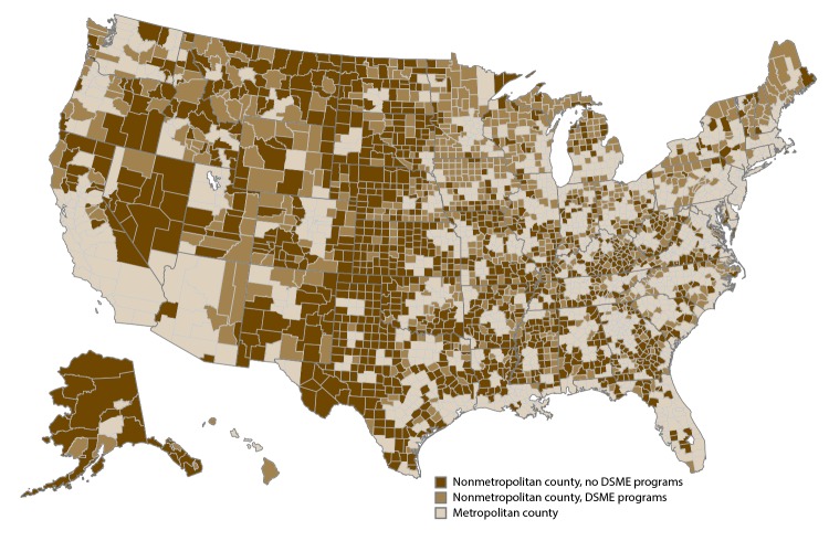 This figure is a map of the United States, with counties outlined and shaded. The metropolitan counties are white. The nonmetropolitan counties are either dark brown, indicating that they have no diabetes self-management education (DSME) programs, or light brown, indicating that they have one or more DSME programs. In 2016, DSME programs were located in 38% of the nonmetropolitan counties or county equivalents, and 62% of nonmetropolitan counties did not have a DSME program.