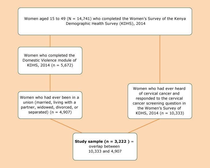 To select the study sample, women aged 15-49 years who had completed the Women’s Survey of the Kenya Demographic Health Survey (KDHS), 2014 (N = 14,741) were subdivided into 2 groups: 1) those who had completed the domestic violence module of the KDHS (n = 5,672) and 2) those who had ever heard of cervical cancer and answered the question about cervical cancer screening in the Women’s Survey of the 2014 KDHS (n = 10,333). The first subgroup was further narrowed by including only those women who had ever been  in a union (married, living with a partner, widowed, divorced, or separated), n = 4,907. The study group was composed of women who were in both this subgroup (n = 4,907) and the larger group (n = 10,333), for a total sample of N = 3,222.