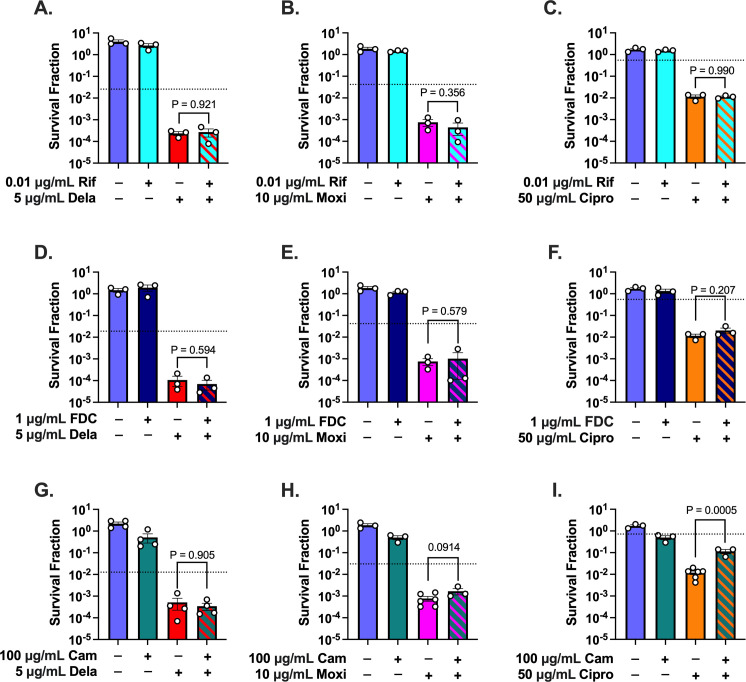 Bar graphs depict survival fraction of samples treated with different antibiotic combinations across multiple conditions. P-values indicate statistical significance for each comparison, with variations in color representing different treatments.