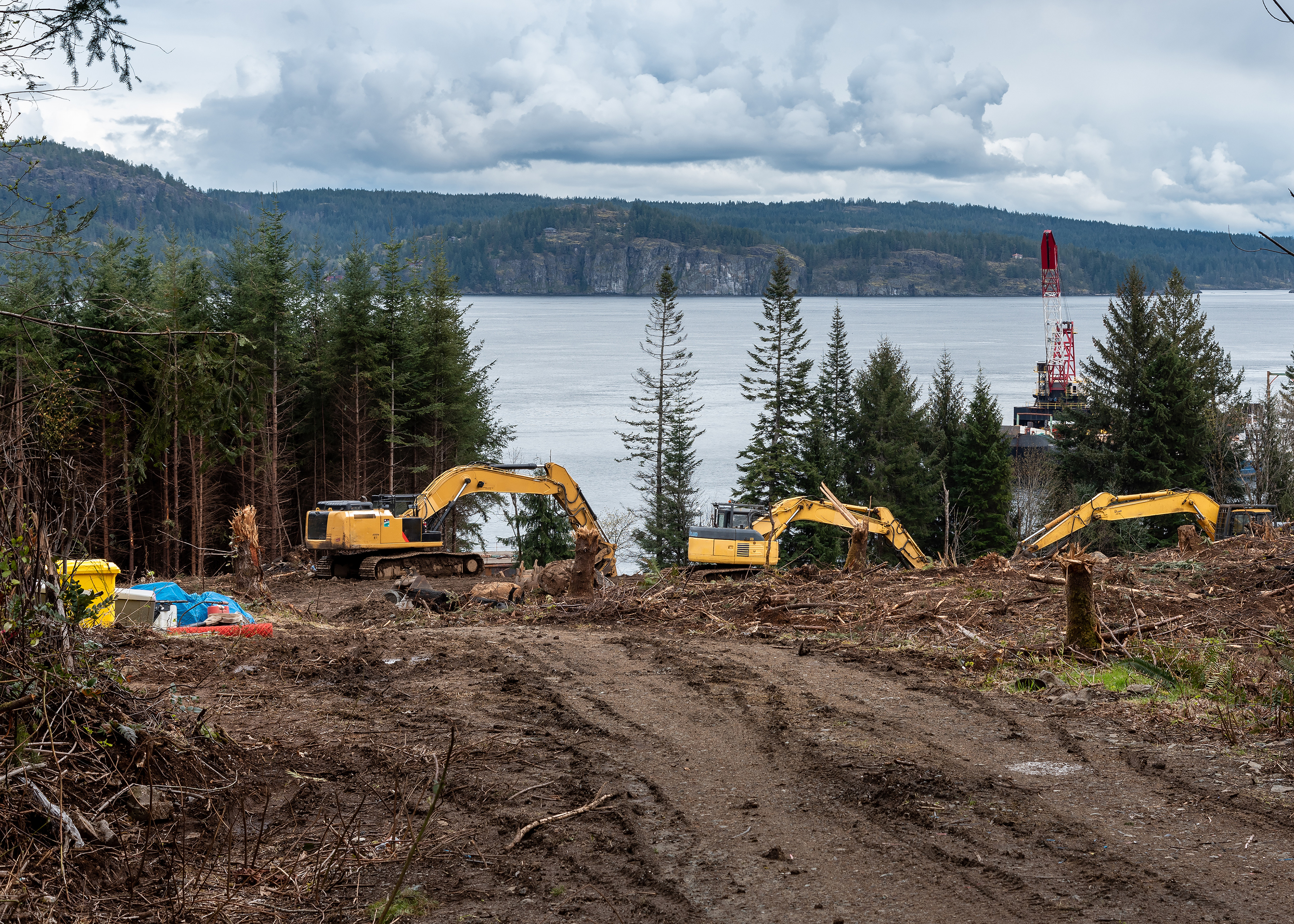 Cleared soil backed by heavy machinery, trees, and water