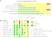 Panel A shows a bar chart of various risk factors in studies. Categories include overall bias, selection of reported results, measurement of outcomes, missing data, deviations from interventions, participant recruitment timing, and randomization. Colors indicate levels of risk: green for low risk, yellow for some concerns, and red for high risk.Panel B presents a table listing study IDs with colored circles indicating risk levels for different categories. Categories include randomization, timing of recruitment, deviations from interventions, missing data, measurement of outcomes, and result selection. Symbols: green for low risk, yellow for some concerns, red for high risk.