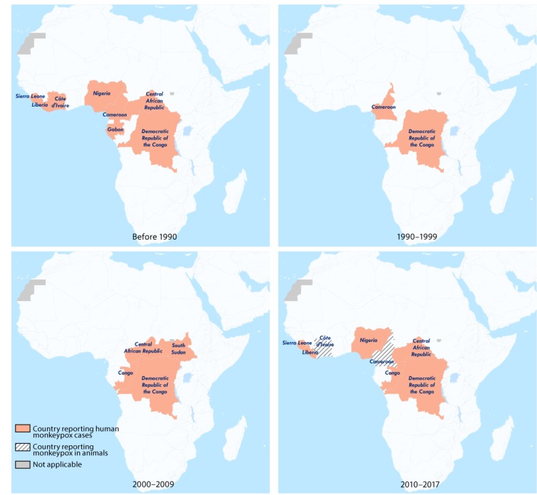 The figure above is a series of maps of Africa showing the countries in West and Central Africa reporting monkeypox cases in human and animals during 1970–2017, current as of February 25, 2018.