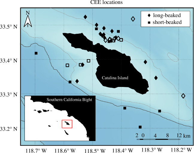 Locations of CEEs for long-beaked (diamonds) and short-beaked (squares) common dolphins in areas of the southern California.