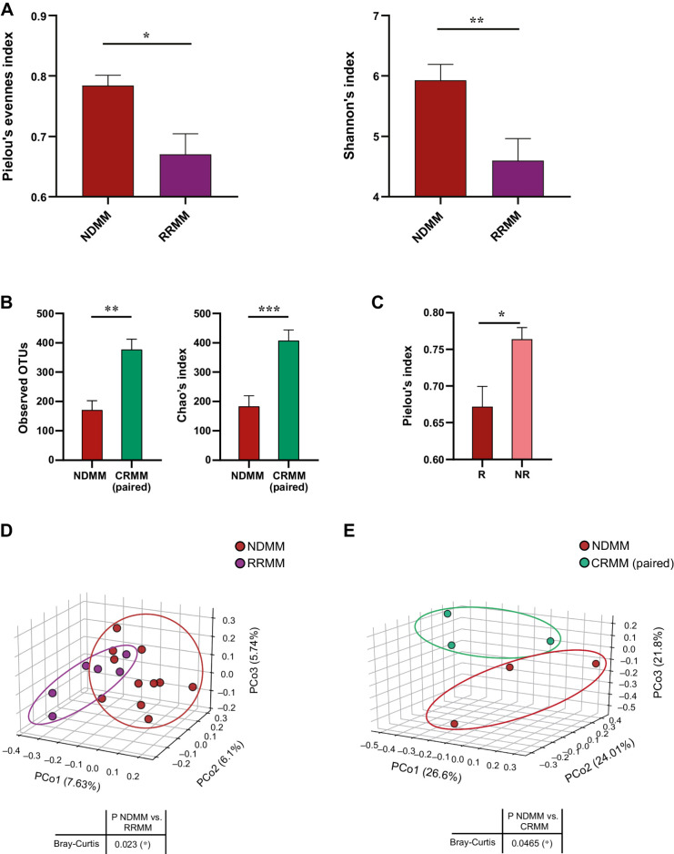 Figure 2. The diversity of the gut microbiota in the response to the disease. A and B, Alpha diversity represented by (A) Pielou's and Shannon's indices in newly diagnosed multiple myeloma (NDMM) and multiple myeloma at relapse or refractory (RRMM); B, observed OTUs and Chao's index in paired samples at diagnosis (NDMM) and at complete remission (CRMM). C, Comparison of alpha diversity between patients who relapse (R) or not (NR). The results are represented by mean ± SEM. *, P < 0.05. D and E, Beta diversity represented by principal coordinate analysis plot of Bray-Curtis dissimilarity of (D) NDMM and RRMM and (E) NDMM and CRMM in paired samples. Principal coordinate 1 (PCo1), 2 (PCo2), and 3 (PCoa3) values for each sample are plotted with the percentage of explained variance shown in parentheses.