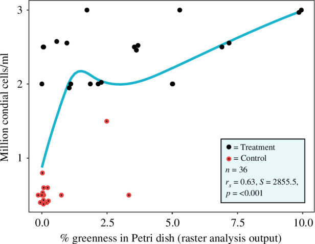 Correlation between the conidia cell density (determined via the haemocytometer) and the percentage greenness coverage in the Petri dishes. The blue line represents a smoothing (direction and strength of correlation) fitted to the data points.