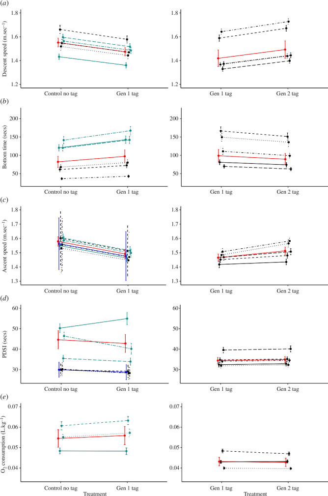 Comparison of the effects of diving without a tag and with the gen 1 tag (left panels), and diving with the gen 1 tag and gen 2 tag (right panels) on (a) descent speed,