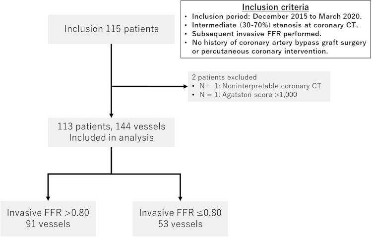 Patient flowchart. The study initially included 115 consecutive patients who underwent coronary CT angiography showing intermediate stenosis (30%–70% stenosis) and subsequent invasive fractional flow reserve (FFR), and who had not undergone previous coronary bypass graft surgery or percutaneous coronary intervention. Two patients were excluded, leaving 113 patients (144 vessels) in the final study group. Of the 144 vessels, 53 vessels (37%) had hemodynamically significant stenosis (invasive FFR ≤ 0.80).