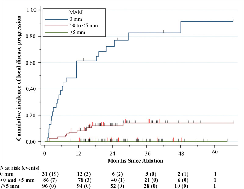 Cumulative incidence curve shows the per-tumor cumulative incidence of local disease progression over time stratified by the three-dimensional minimal ablative margin (MAM). Vertical red lines indicate death events and vertical black lines indicate censoring, with death as a competing risk.