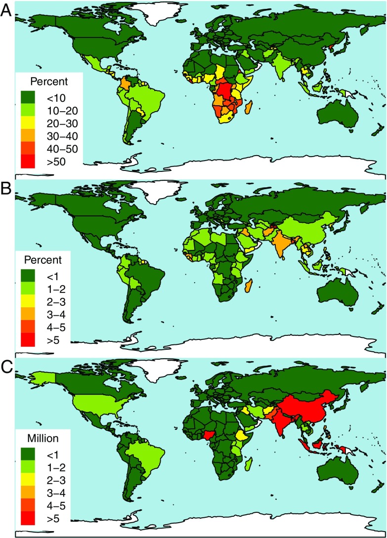 Three world maps showing countries at risk of protein deficiency.