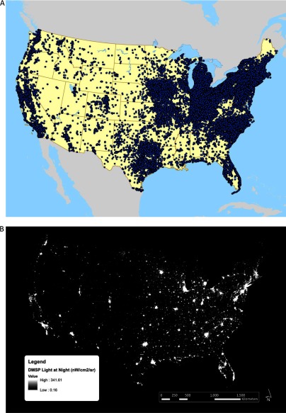 (A) Map and (B) satellite image of USA.