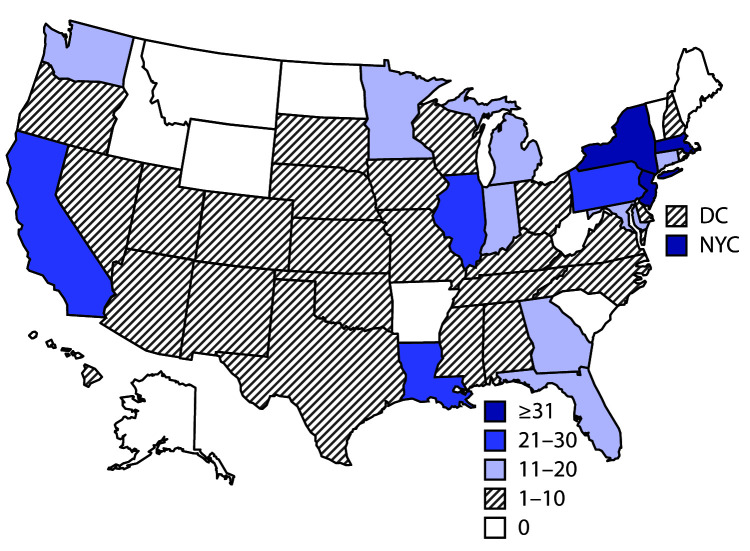 The figure is a map of the United States showing the geographic distribution of 570 reported cases of multisystem inflammatory syndrome in children during March–July 2020.