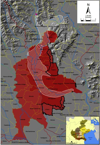 Figure 1 is a portion of the map of the Southern part of the Veneto Region in north-eastern Italy. Some of the municipalities under Red Area A are Brendola, Sarego, and Montagnana. Some of the municipalities under Red Area B are Arcole, Veronella, Minerbe, Bonavigo, and Terrazzo. Some of the municipalities within the dashed white area are Zimella, Cologna Veneta, and Pressana. The pink spot represents the chemical plant that was the sourse of groundwater contamination, located in the municipality of Trissino. The yellow lines border municipalities such as Villaga, Sossana, and Caldiero. The red lines represent borders of the Provinces of Padova, Vicenza, Verona, and Rovigo. Some of the rivers are Brenta, Adige, and Bacchiglione. Some of the municipalities bordered with the Black thick line are Val Liona, Orgiano, and Urbana.