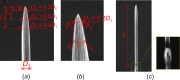 Evaluation metrics for (a) tip profile L1, L2, and L3: the distances between tip and the positions which correspond to D2 = 0.2D1, 0.5D1, and 0.8D1, (b) tip angle α, and (c) stripped length S: the distance from the tip to the end of the stripped region