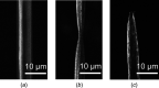 SEM pictures of the carbon fiber with parylene-C insulation: (a) before cutting, (b) partial cutoff at 25 μm/s and 4 DCV laser input voltage, and (c) fully cutoff with sharpened conical tip at 20 μm/s and 4 DCV laser input voltage