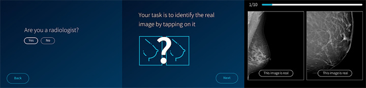 Screenshots of the survey (left) and tutorial (middle) pages of the user study iPad application. Screenshot of image presentation layout (right). Two full-field digital mammographic images, one real and one synthetic, are displayed simultaneously. Users are able to pinch and zoom, are able to scroll the images, and have unlimited time to compare and assess them. The right-hand image has been zoomed in for demonstration purposes. One image from each of 10 randomly assigned pairs must eventually be selected by the user as being “real.”
