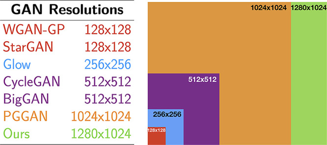 Pixel resolution of various generative adversarial network (GAN) architectures reported in the literature: Wasserstein GAN with gradient penalty (WGAN-GP) (8), StarGAN (9), Glow (10), cycle-consistent GAN (CycleGAN) (11), BigGAN (12), and progressive growing GAN (PGGAN) (2).