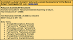 Figure 3 is a chart displaying the following information: Controlled vocabulary terms for “polycyclic aromatic hydrocarbons” in the Medical Subject Headings (MeSH) index (N C B I 2020). Polycyclic Aromatic Hydrocarbons. Aromatic hydrocarbons that contain extended fused-ring structures. Year introduced: 2017(1996). Tree Number(s): D 02 dot 455 dot 426 dot 559 dot 847, D 04 dot 615 MeSH Unique I D: D 011084. Entry Terms: Aromatic Hydrocarbons, Polycyclic; Hydrocarbons, Polycyclic Aromatic; Polynuclear Aromatic Hydrocarbons; Aromatic Hydrocarbons, Polynuclear; Hydrocarbons, Polynuclear Aromatic; Polycyclic Hydrocarbons, Aromatic; Aromatic Polycyclic Hydrocarbons; and Hydrocarbons, Aromatic Polycyclic.