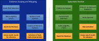 Figure 1 is a set of two flow charts titled evidence scoping and mapping and systematic review. Evidence scoping and mapping has seven steps. Step 1: Broad P E C O statement. Step 2: Define eligibility criteria. Step 3: Search for literature. Step 4: Screen search results for relevance. Step 5: Extraction of basic study characteristics. Step 6: Creation of literature inventory. Step 7: Optional: Study appraisal. Systematic review has eight steps. Step 1: Problem formulation. Step 2: Focused P E C O statement. Step 3: Define eligibility criteria. Step 4: Search for literature. Step 5: Screen search results for relevance. Step 6: Data extraction. Step 7: Study appraisal. Step 8: Evidence synthesis and integration. Creation of literature inventory and Optional: Study appraisal leads to Problem formulation.