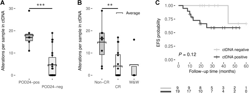 Figure 2. Box plots showing the number of alterations per basal cfDNA sample by POD24 (A) or response to treatment (B). C, Kaplan–Meier estimates of EFS based on risk groups determined by pretreatment ctDNA detection. EFS differences between risk groups were tested using the log-rank test. *, P <  0.05; **, P < 0.01; ***, P < 0.001.