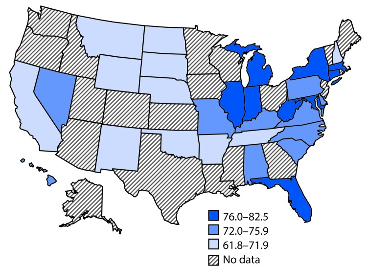 The figure above is a U.S. map showing prevalence of short sleep duration on an average school night among high school students, by state, based on data from the 2015 Youth Risk Behavior Survey.