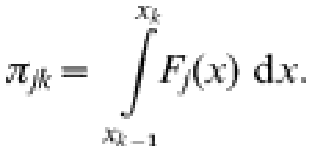 \pi _{jk} \equals \int\limits_{x_{{k \minus \setnum{1}}} }^{x_{k} }\!\!\!\! {F_{j} \lpar x\rpar \ {\rm d} x.}