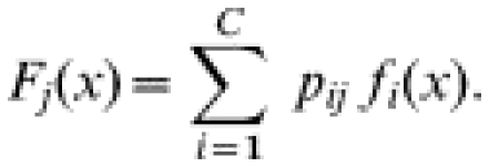 F_{j} \lpar x \rpar \equals \sum\limits_{i \equals \setnum{1}}^{C} {\rm \ } p_{ij}\ f_{i} \lpar x\rpar.