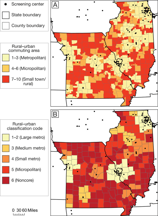 This 2-panel figure maps degree of rurality at the census tract level (through rural–urban commuting area codes) and at the county level (through National Center for Health Statistics rural–urban classification codes). Metropolitan areas are located primarily in and around Chicago, St. Louis, and Kansas City, as well as in central Illinois and central and southwest Missouri. Micropolitan and rural areas are found mostly in southern Illinois and Missouri as well as northern Missouri and western Illinois.