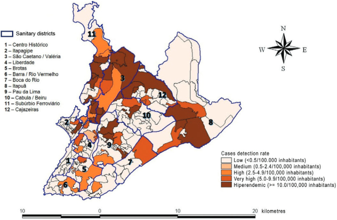 Distribution of the detection rate of leprosy cases in children < 15
years old by neighborhoods according to the parameters of risk level. Salvador,
Bahia, Brazil, 2007-2011.