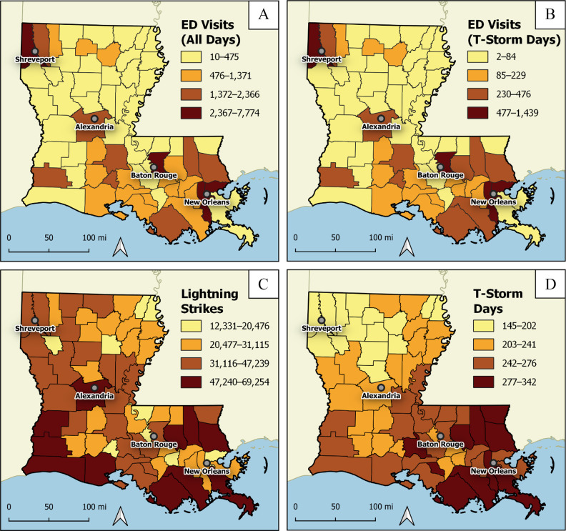 Figure 1A is a map showing the parishes of Louisiana, United States, depicting the number of asthma-related emergency department visits on all days. Shreveport, Alexandra, Baton Rouge, and New Orleans are indicated on the map. The range is divided into four parts, namely, 10 to 475 visits, 476 to 1,371 visits, 1,372 to 2,366 visits, and 2,367 to 7,774 visits. A scale depicting miles is ranging from 0 to 100 in increments of 50. Figure 1B is a map showing the parishes of Louisiana, United States, depicting the number of emergency department visits during thunderstorm days. Shreveport, Alexandra, Baton Rouge, and New Orleans are indicated on the map. The range is divided into four parts, namely, 2 to 84 visits, 85 to 229 visits, 230 to 476 visits, and 477 to 1,439 visits. A scale depicting miles is ranging from 0 to 100 in increments of 50. Figure 1C is a map showing the parishes of Louisiana, United States, depicting the number of ED visits during lightning strikes. Shreveport, Alexandra, Baton Rouge, and New Orleans are indicated on the map. The range is divided into four parts, namely, 12,331 to 20,476 visits, 20,477 to 31,115 visits, 31,116 to 47,239 visits, and 47,240 to 69,254 visits. A scale depicting miles is ranging from 0 to 100 in increments of 50. Figure 1D is a map showing the parishes of Louisiana, United States, depicting the number of ED visits during thunderstorm days. Shreveport, Alexandra, Baton Rouge, and New Orleans are indicated on the map. The range is divided into four parts, namely, 145 to 202 visits, 203 to 241 visits, 242 to 276 visits, and 277 to 342 visits. A scale depicting miles is ranging from 0 to 100 in increments of 50.