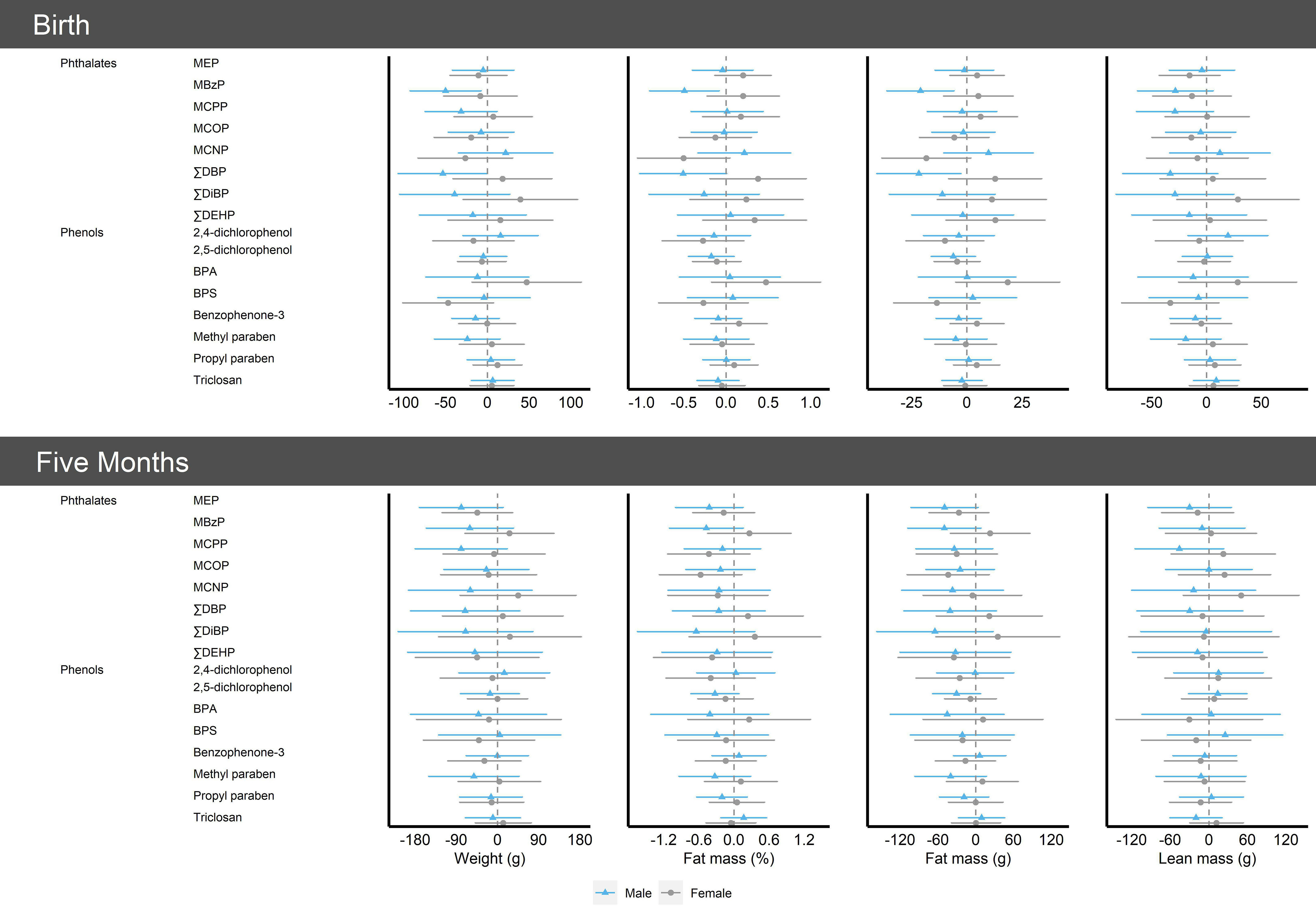 Figure 2 is a set of eight forest plots. On the top, the four forest plots are titled Birth, plotting Phenols, including 2,4-dichlorophenol, 2,5-dichlorophenol, bisphenol A, bisphenol S, Benzophenone-3, Methyl paraben, Propyl paraben, and Triclosan, and Phthalates, including mono-ethyl phthalate, mono-benzyl phthalate, mono-3-carboxypropyl phthalate, mono carboxyisooctyl phthalate, mono carboxyisononyl phthalate, sum of the of di-n-butyl phthalate metabolites, sum of di-isobutyl phthalate metabolites, and sum of di(2-ethylhexyl) phthalate metabolites (y-axis) across weight (grams), ranging from negative 100 to 100 in increments of 50; fat mass percentage, ranging from negative 0.1 to 1.0 in increments of 0.5; fat mass (grams), ranging from negative 25 to 25 in increments of 25; and lean mass (grams), ranging from negative 50 to 50 in increments of 50 (x-axis) for male and female. At the bottom, the four forest plots are titled Five months, plotting Phenols, including 2,4-dichlorophenol, 2,5-dichlorophenol, bisphenol A, bisphenol S, Benzophenone-3, Methyl paraben, Propyl paraben, and Triclosan, and Phthalates, including mono-ethyl phthalate, mono-benzyl phthalate, mono-3-carboxypropyl phthalate, mono carboxyisooctyl phthalate, mono carboxyisononyl phthalate, sum of the of di-n-butyl phthalate metabolites, sum of di-isobutyl phthalate metabolites, and sum of di(2-ethylhexyl) phthalate metabolites (y-axis) across weight (grams), ranging from negative 200 to 200 in increments of 100; fat mass percentage, ranging from negative 1.2 to 1.2 in increments of 0.6; fat mass (grams), ranging from negative 120 to 120 in increments of 60; and lean mass (grams), ranging from negative 120 to 120 in increments of 60 (x-axis) for male and female.