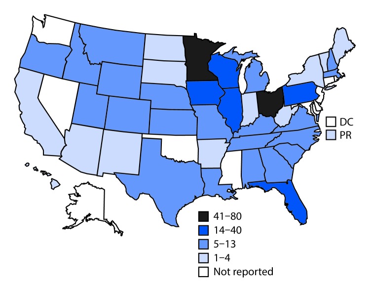 The figure is a map of the United States, showing reported cryptosporidiosis outbreaks (N = 444), by exposure jurisdiction during 2009–2017.